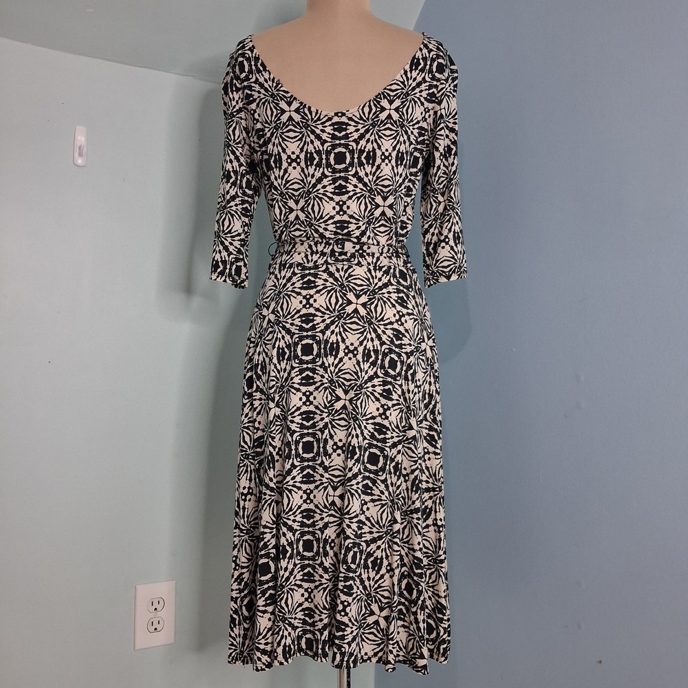 Leota High Modern Midi Dress Hand Made NY USA Belted Geometric 3/4 Sleeve SZ L - Picture 2 of 12